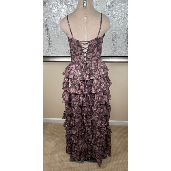 V. Chapman Josephine Floral Ruffle Tiered Bustier Chocolate Maxi Dress Size 10 - Picture 8 of 10